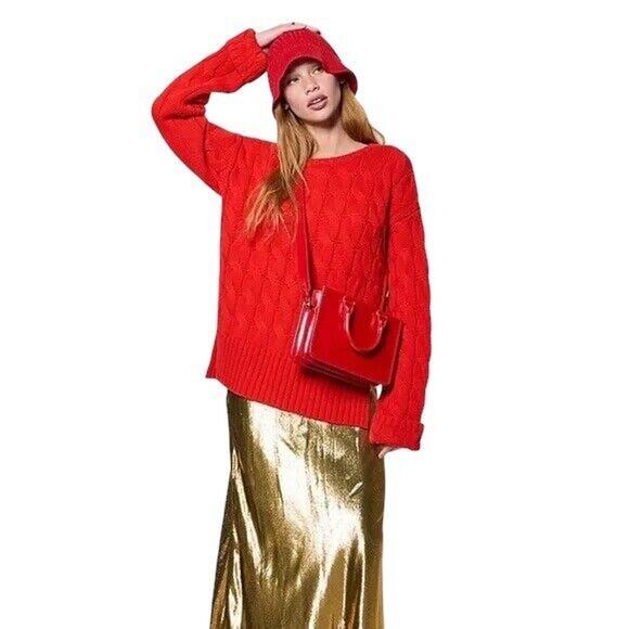 J. Crew Crewneck Sweater Red Cotton Blend cable Knit Side-Slit Size XS-S NWOT - Picture 3 of 10